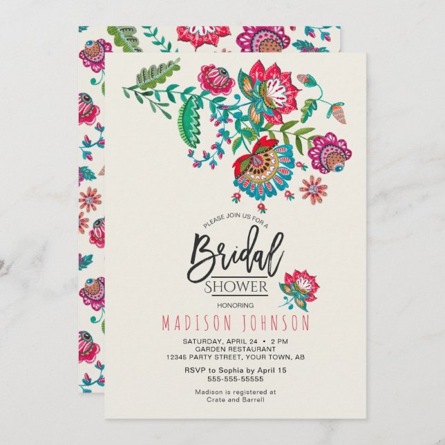 Cheerful Mexican Red & Turquoise Folk art Floral Invitation (Front/Back)