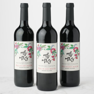 Cheerful Mexican Red & Turquoise Folk art Floral Wine Label