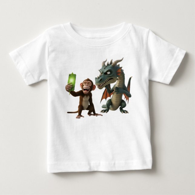 Cheerful Monkey Taking Selfie with Grumpy Dragon 3 Baby T-Shirt (Front)
