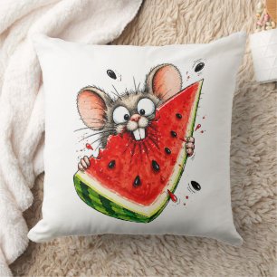 Cheerful mouse eats watermelon cushion
