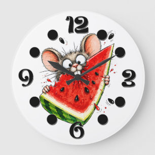 Cheerful mouse eats watermelon large clock