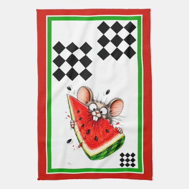 Cheerful mouse eats watermelon tea towel (Vertical)