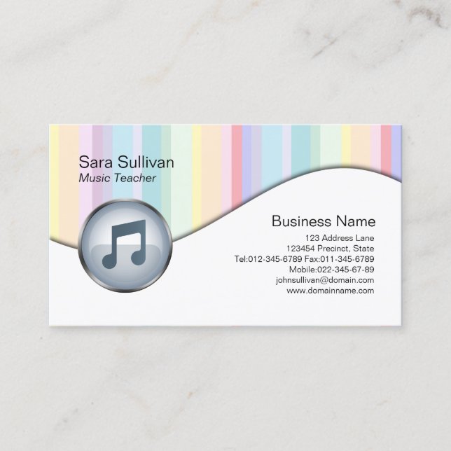 Cheerful Music Teacher Business Card Pastel Stripe (Front)