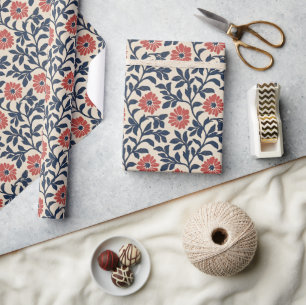 Cheerful Navy Coral Floral Vintage Wrapping Paper