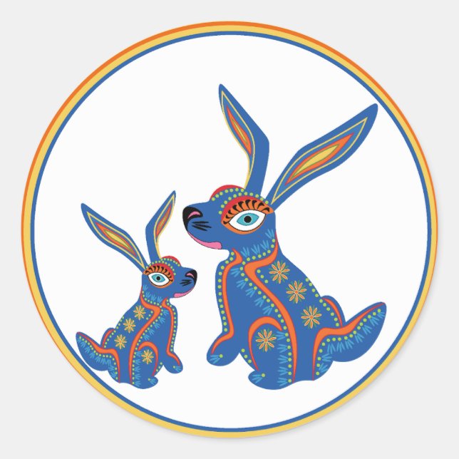 Cheerful Oaxacan Folk Art Rabbits Round Sticker (Front)