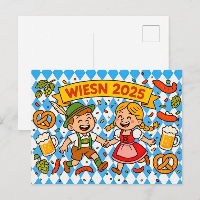 Cheerful Oktoberfest Couple with Pretzels and Beer Holiday Postcard (Front/Back)