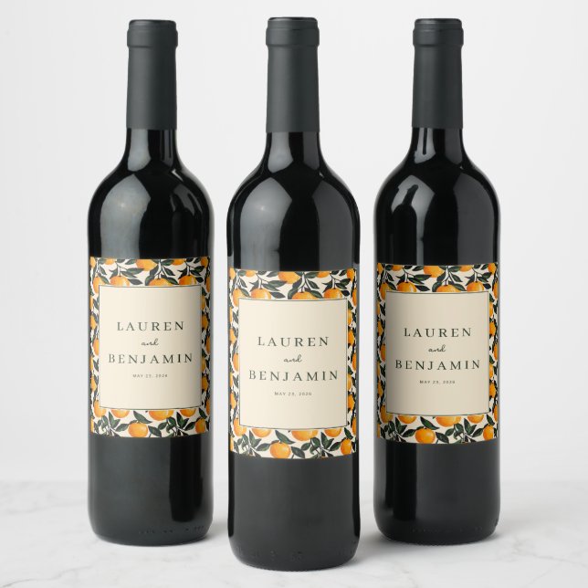 Cheerful Orange Botanical Illustration Wine Label (Bottles)