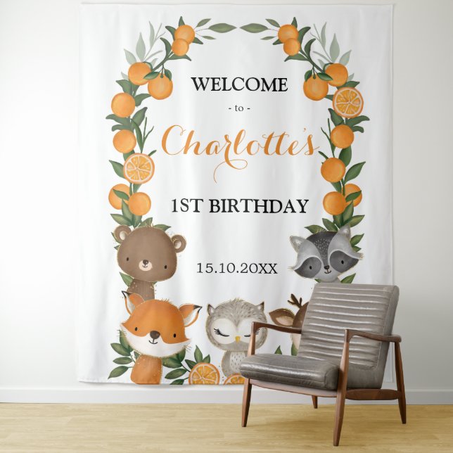 Cheerful Orange Citrus Woodland Birthday Welcome Tapestry (In Situ)