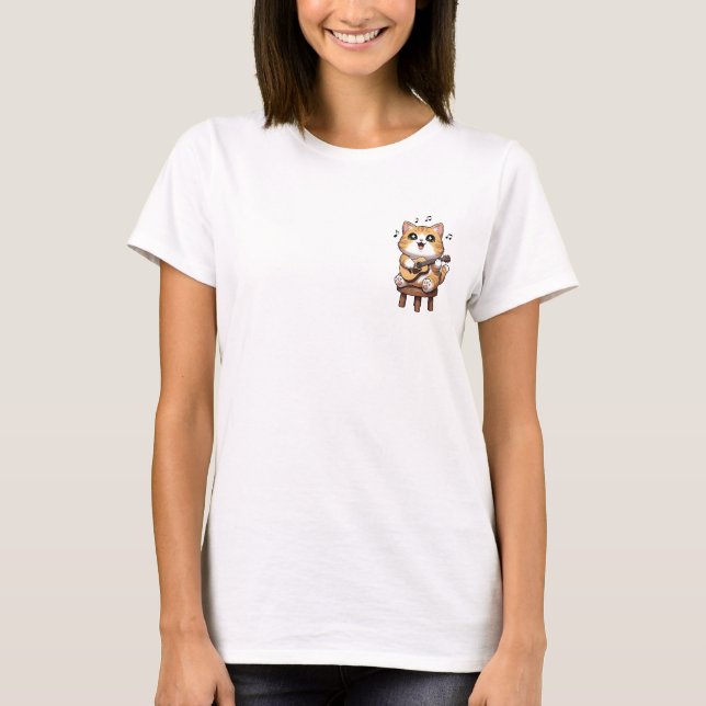 Cheerful Orange Tabby Cat Playing Acoustic Guitar T-Shirt (Front)