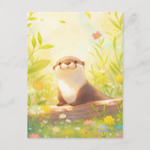 Cheerful Otter in Sunny Spring Meadow Postcard