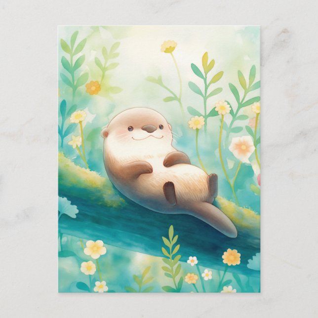 Cheerful Otter on Mossy River Log Postcard (Front)