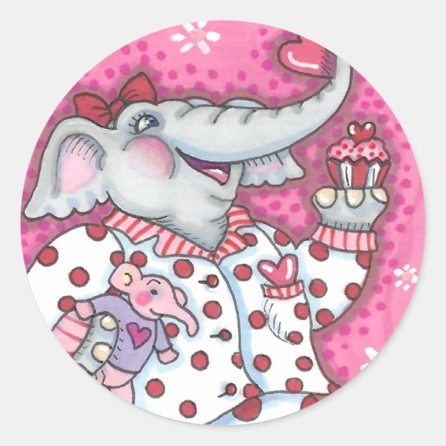 CHEERFUL PACHYDERM IN PINK PAJAMAS, HEART CUPCAKE CLASSIC ROUND STICKER (Front)