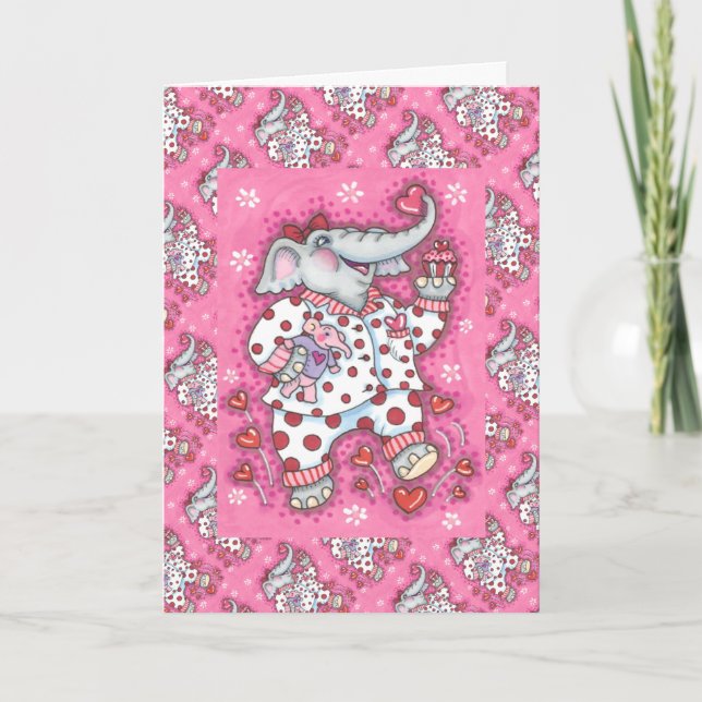 CHEERFUL PACHYDERM IN PINK PAJAMAS, HEART CUPCAKE HOLIDAY CARD (Front)