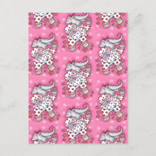 CHEERFUL PACHYDERM IN PINK PAJAMAS, HEART CUPCAKE HOLIDAY POSTCARD