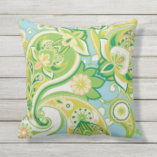 Cheerful Paisley Floral Green Yellow Blue Cushion
