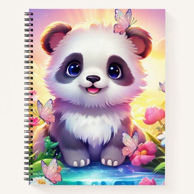 Cheerful Panada, Rainbows, Butterflies and Flowers Notebook (Front)