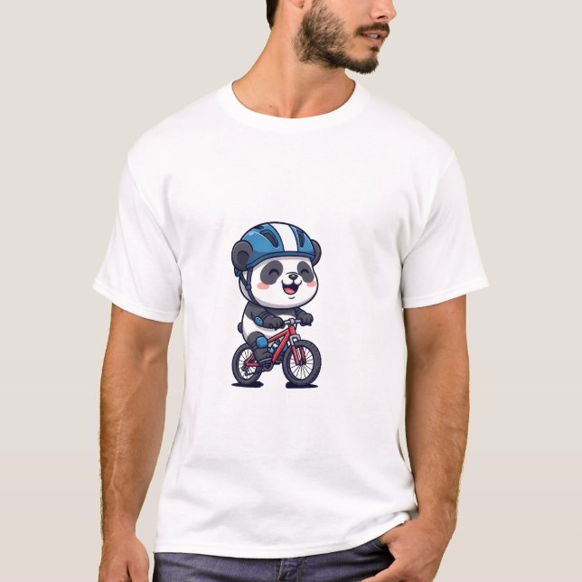 Cheerful Panda Cyclist Riding a Red Mountain Bike T-Shirt (Front)