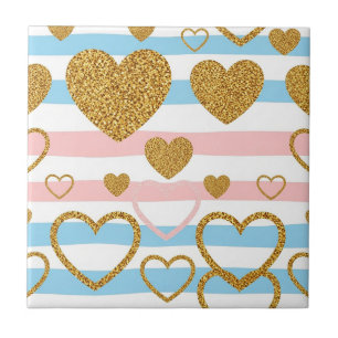 Cheerful Pastel Heart Stripe with Gold Details Ceramic Tile