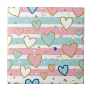 Cheerful Pastel Hearts with Metallic Gold Details Ceramic Tile