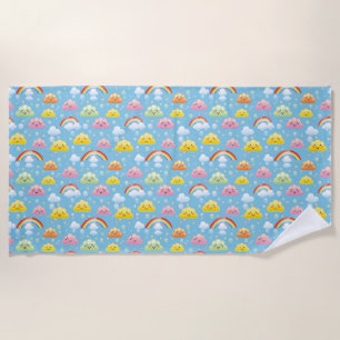 Cheerful Pattern with Smiling Clouds and Rainbow Beach Towel