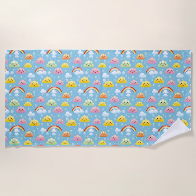 Cheerful Pattern with Smiling Clouds and Rainbow Beach Towel (Front)