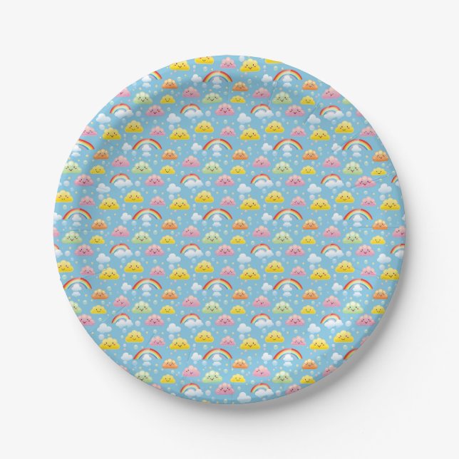 Cheerful Pattern with Smiling Clouds and Rainbow Paper Plate (Front)