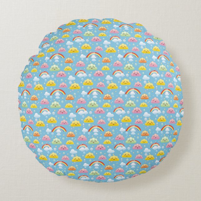 Cheerful Pattern with Smiling Clouds and Rainbow Round Cushion (Front)