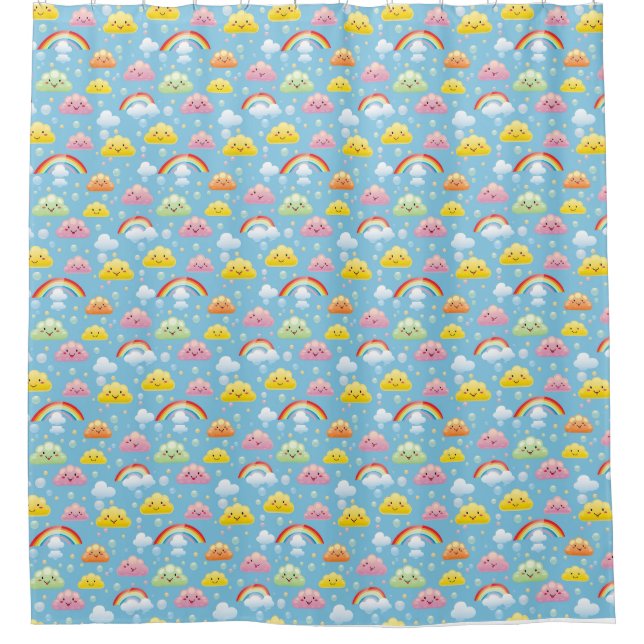 Cheerful Pattern with Smiling Clouds and Rainbow Shower Curtain (Front)