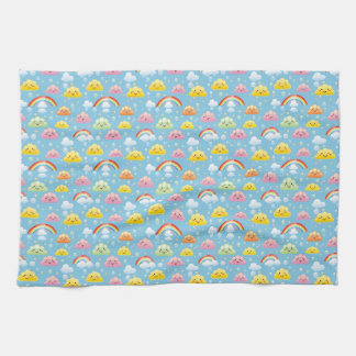 Cheerful Pattern with Smiling Clouds and Rainbow Tea Towel