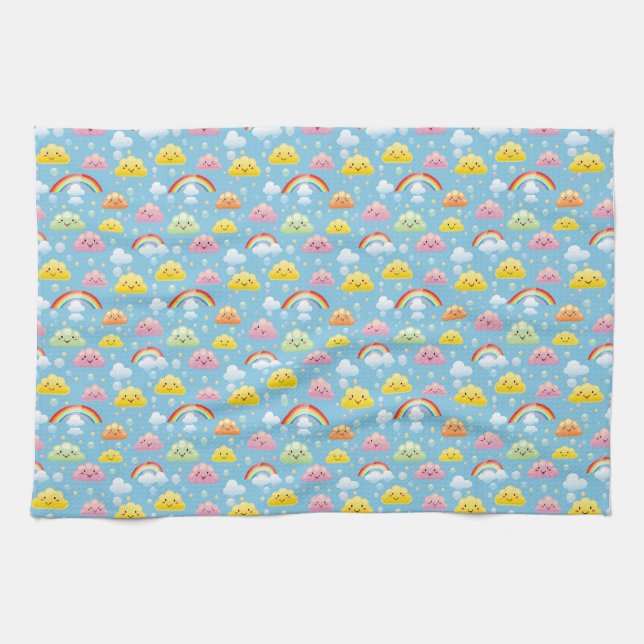 Cheerful Pattern with Smiling Clouds and Rainbow Tea Towel (Horizontal)