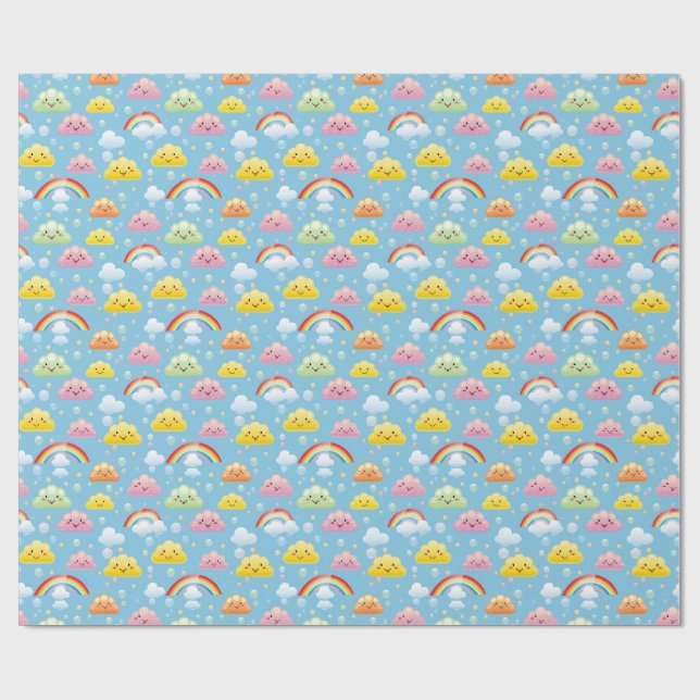 Cheerful Pattern with Smiling Clouds and Rainbow Wrapping Paper (Flat)
