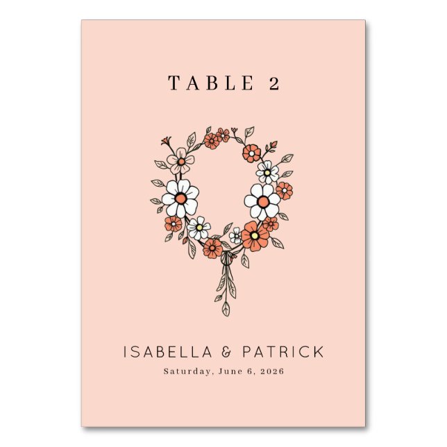 Cheerful Peach Floral Wreath Table Number (Front)