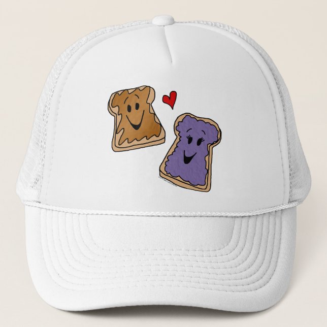 Cheerful Peanut Butter and Jelly Cartoon Friends Trucker Hat (Front)