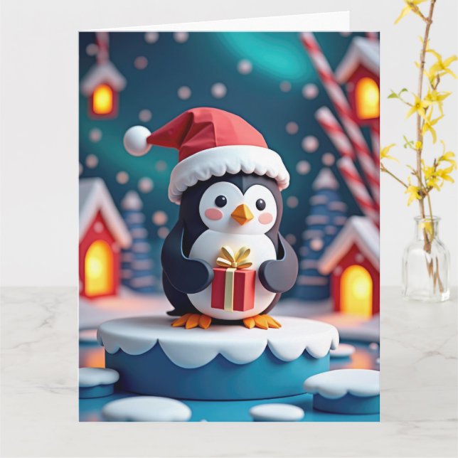 Cheerful Penguin with Gift in Snowy Christmas Card (Yellow Flower)