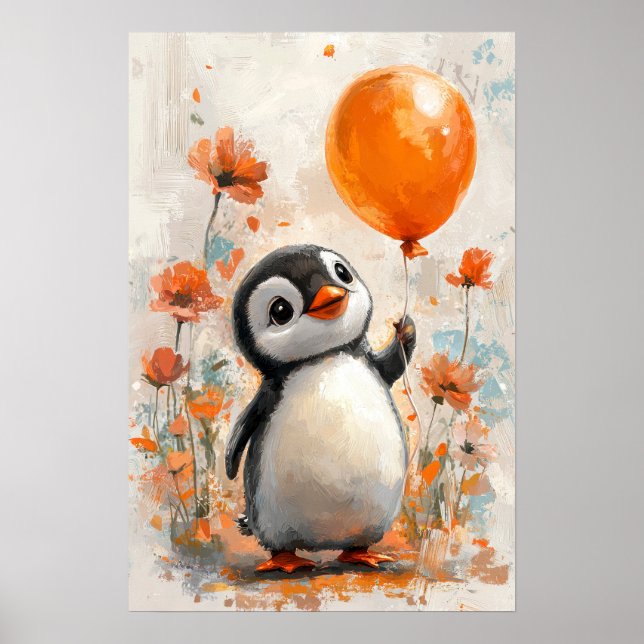 Cheerful Penguin with Orange Balloon Digital Paint Poster (Front)