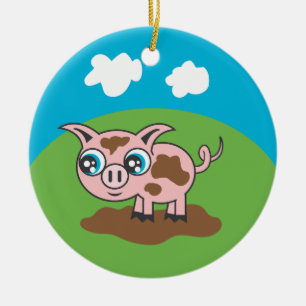 Cheerful Pig in the Mud Holiday Ornament