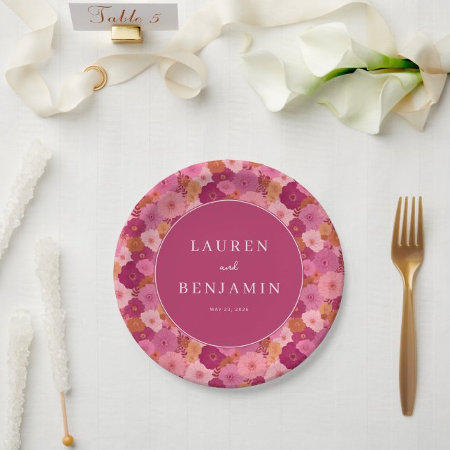 Cheerful Pink Floral Paper Plate (Wedding)