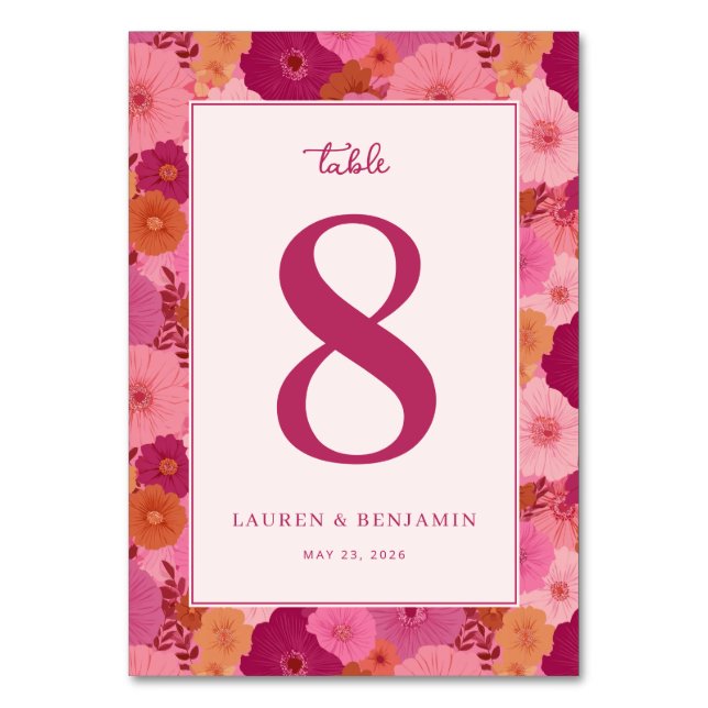 Cheerful Pink Floral Table Number (Front)
