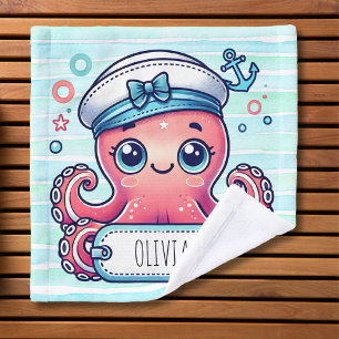 Cheerful Pink Octopus Holding Name Sign Wash Cloth