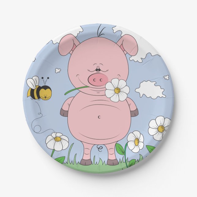 Cheerful Pink Pig Cartoon Paper Plate (Front)