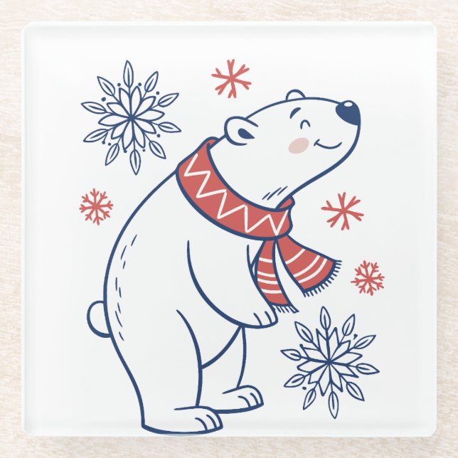 Cheerful Polar Bear Winter Holiday Design Glass Coaster (Front)