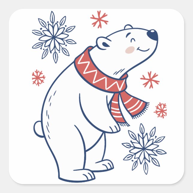 Cheerful Polar Bear Winter Holiday Design Square Sticker (Front)