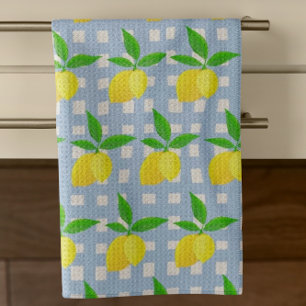 Cheerful Preppy Yellow Lemons Blue White Check Tea Towel