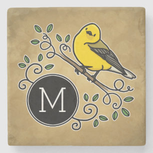 Cheerful Prothonotary Warbler with Modern Monogram Stone Coaster