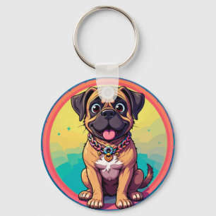 Cheerful Pug Colourful Cartoon Illustration Key Ring