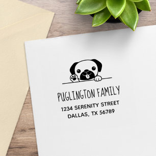 Cheerful Pug Dog Family Address Rubber Stamp