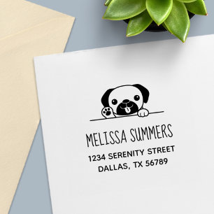 Cheerful Pug Dog Peeking above Address Self-inking Stamp