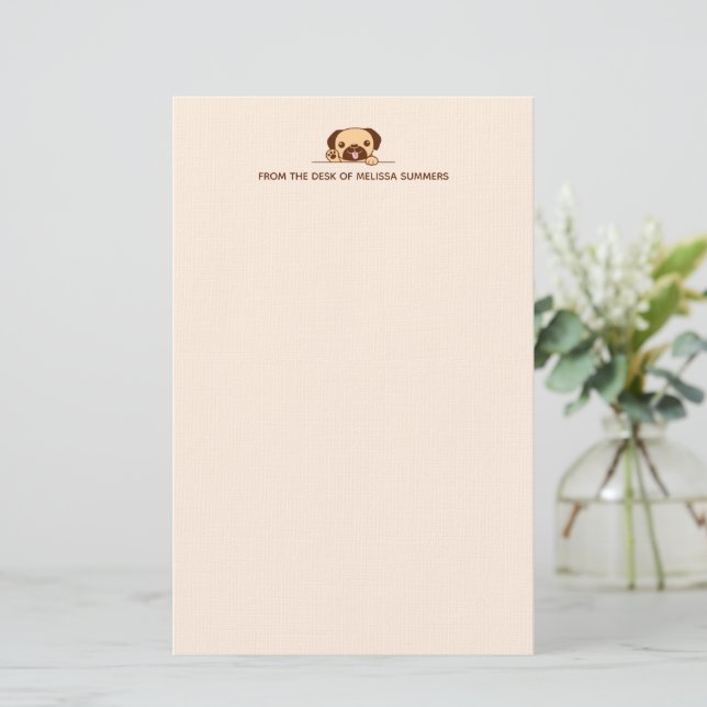 Cheerful Pug Dog Peeking above Custom Text Beige Stationery (Standing Front)