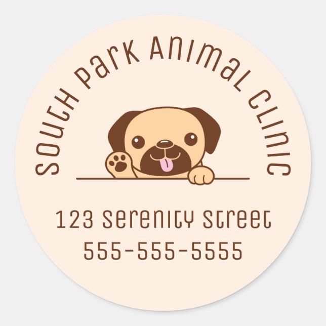 Cheerful Pug Dog Peeking Beige Custom Text Classic Round Sticker (Front)