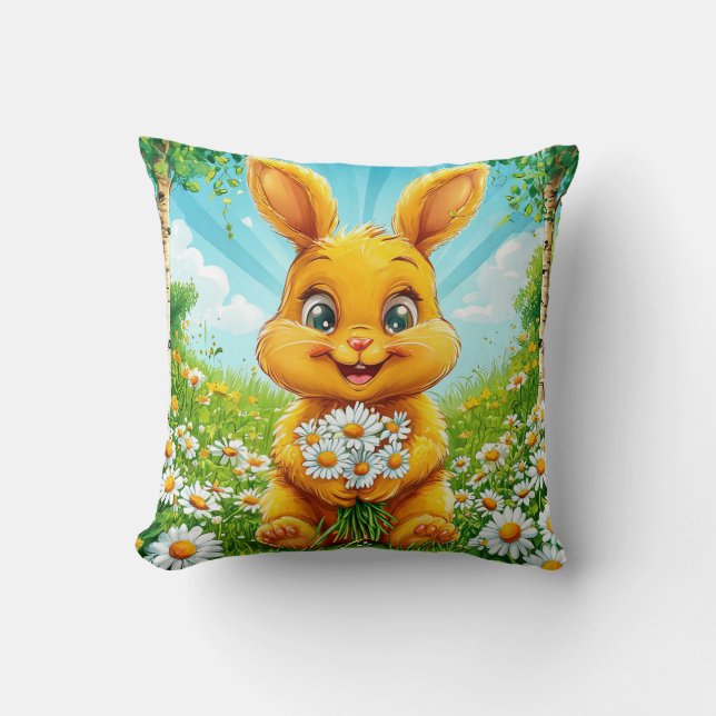 🐰🌼 Cheerful Rabbit Chamomile Meadow Cosy Decor Cushion (Front)